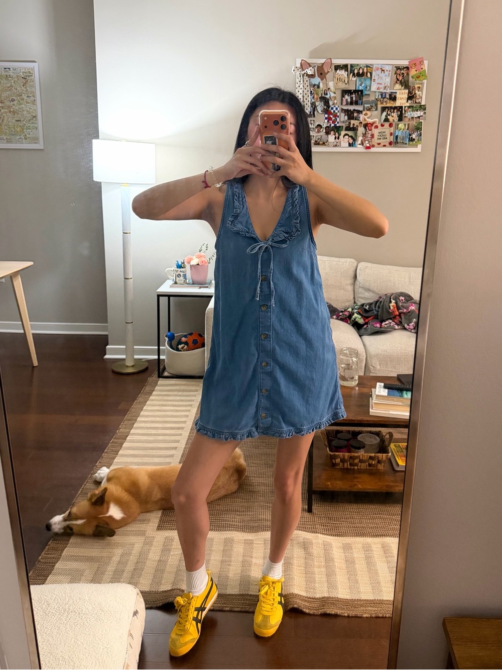 Ruffle hem denim mini dress